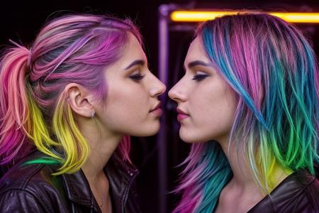score_9, score_8_up, score_7_up, score_6_up, two beautiful 19 year old girls, colored hair, neon lights, rave, rave clothing, crowd, nighttime, dusk, smiling, ultra realistic, big lips, (masterpiece, best quality, highres:1.2), (photorealistic:1.2), yuri, kiss