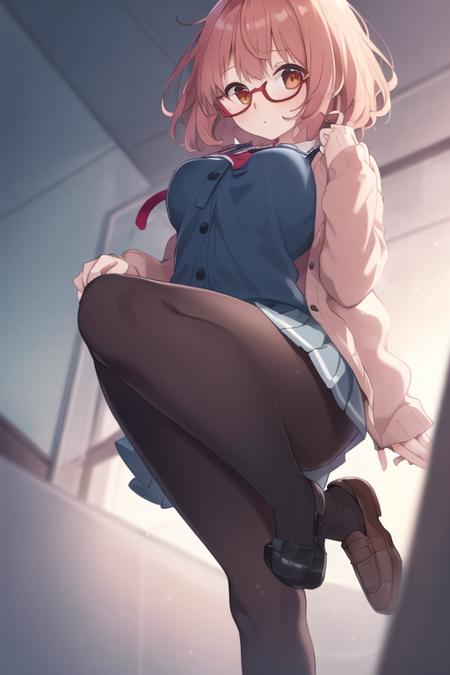 (1girl), solo, <lora:Mirai:0.5>, kuriyama_mirai, brown_hair, brown_shoes, black_legwear, blue_skirt. cardigan, glasses, open_cardigan, open_clothes, pantyhose, pleated_skirt, red-framed_eyewear, school_uniform, serafuku, short_hair, skirt, (extremely detailed), breasts, detailed hair, best resolution, best quality, (standing), ((from below)), below skirt, under the skirt, (close view on underwear from below), upshirt, <lora:upshirtUnderboob_v10:0.35>, best resolution, best quality, (Masterpiece), extremely detailed face, Original Character, perfect lighting, best colors, colorful, beautiful, fine detail, ultra high resolution, Natural Volumetric Lighting And Best Shadows, Deep Depth Of Field, (Highest Quality, Amazing Details:1.4)