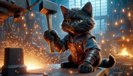 Photograph of  disney animation, blacksmith cat, hammer in paw,
 (masterpiece), (best quality:1.2), intricate details, (highly detailed skin:1.2),
intricate details, 8k post production, high resolution, hyper detailed, trending on artstation, sharp focus, studio photo, intricate details, highly detailed,  , captured on a (Hasselblad X1D II 50C)