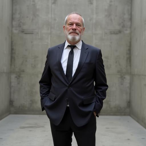 an image of terry gilliam wearing a business suit standing in a bare concrete room