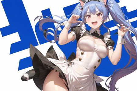 masterpiece, 1girl,  cat ears, cat tail, cat girl, maid dress, maid apron, maid tiara, jumping, happy,  blue hair, red eyes,  hands up, long hair, absurdly long hair, twintails      <lora:Uodenim-Style-Final:0.9>