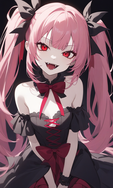 Vanica vampire girl vampire fangs very pale skin red eyes pink hair long hair twin tails hair ribbons