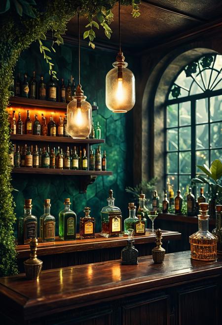 surreal stillness, expressive atmosphere, miniature scene, glass bottle bar, precise details, vintage clothing, dreamlike lighting, brooding textures, moody color palette, architectural clarity, painterly abstraction, lush greenery, warm glow, soft blur background, surreal realism, fantasy vignette, quiet contemplation, magical realism, suspended moment, intricate composition