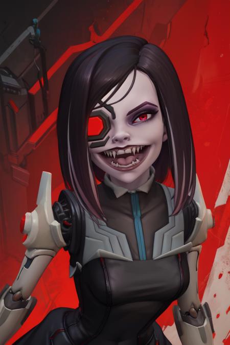 Beatrix, red eyes, pale skin, black hair,  tongue, 
black dress, 
 solo, upper body, standing,  evil smile,  open mouth,  leaning forward,  sharp teeth, 
cyberpunk background, red themed background, stars, 
(insanely detailed, beautiful detailed face, masterpiece, best quality) 
 <lora:Beatrix-10:0.7>