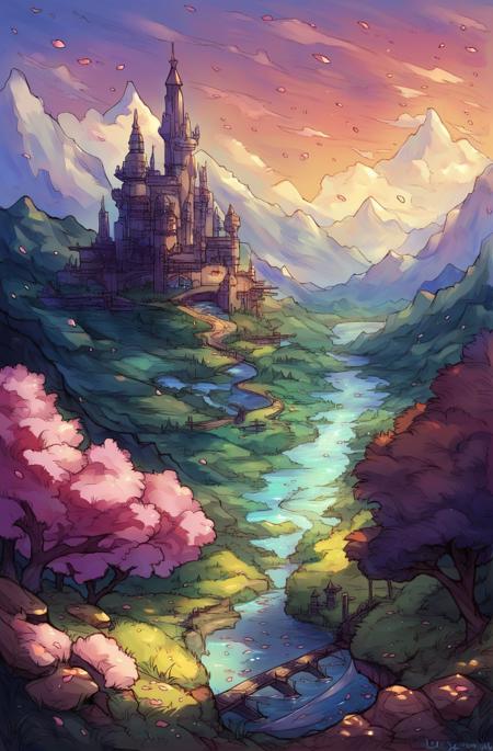 score_9,score_8_up,score_7_up,score_6_up,score_5_up,score_4_up outdoors,sky,day,cloud,water,tree,blue sky,petals,no humans,bird,grass,cherry blossoms,building,scenery,mountain,city,fantasy,road,watercraft,bridge,river,castle,tower,boat,landscape,mountainous horizon,lake,dock <lora:fluffydango-artist-richy-v1_pdxl:0.8>