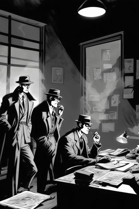 <lora:Will Eisner Style:1>Will Eisner Style - two private detectives smoking in their dimly lighted office, one sitting at the desk, the other standing, roughly inked details, black and white, toughness, ligne claire, in the style of independent comic fanzines