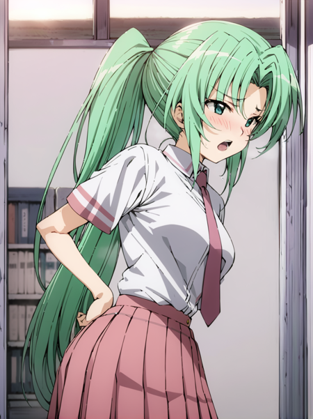 masterpiece,best quality,highest quality,best anatomy,<lora:0r0P00W0n0j0O0kqLSDXL_LoHA:1>,1girl,sonozaki mion,solo,green hair,ponytail,necktie,red necktie,long hair,green eyes,skirt,pink skirt,blush,school uniform,open mouth,hand on hip,