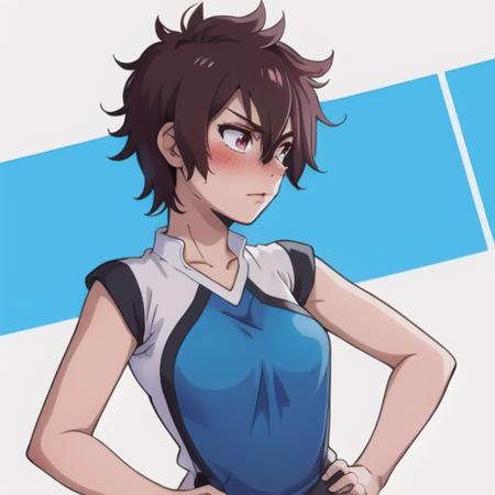 <lora:hanebado-05-v3:1>, 1girl, h4n3b4d0, blue and white outfit, dark short hair, v eyebrows, blushing, side view