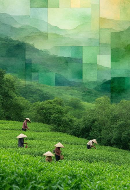 Imagine a serene Indian tea plantation nestled amongst rolling hills, reimagined as a Cubist stained-glass spectacle. Workers harvest tea leaves under the warm sunlight, their movements captured in fragmented planes. The landscape unfolds in layers of green and brown, punctuated by vibrant splashes of color from flowering shrubs. The color palette utilizes muted greens, earthy browns, soft yellows, and touches of crimson, conveying a sense of tranquility and abundance. Blend photorealistic details â the textures of the tea leaves, the details of the worker's faces, the reflections of the light â with the geometric abstraction of Cubism. The overall composition should convey a sense of peace, labor, and the natural beauty of the Indian landscape, deeply immersed in a dramatic interplay of light and shadow.