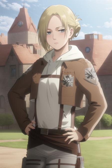 masterpiece, high quality, highres, 1girl, solo,
<lora:Annie-v1-01:1>, blonde hair, short hair, folded ponytail, looking at viewer, (blush:1),
outdoors, field, castle, standing, hand on hip, expressionless,
hood, jacket, belt, hoodie, paradis military uniform, emblem, uniform, three-dimensional maneuver gear, training corps (emblem),