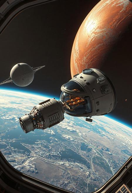 An outside view of an orbiting coffee bar in space, exterior views, docking spacecraft, high orbit, blue planet, cosmic sci-fi vibes, red planet, no atmosphere