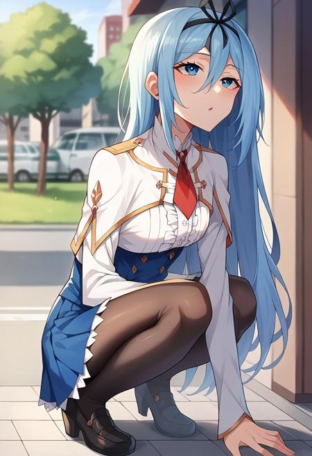 ctiankrulc1fer, light blue hair, white capelet, red necktie, underbust, blue skirt, center frills, frilled skirt, long sleeves, black pantyhose, white unitard, covered navel, collar, white sleeves, black thighhighs, elbow gloves, black gloves,