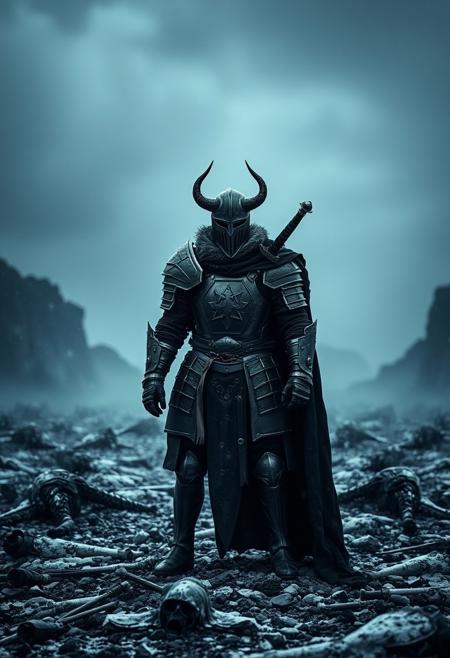 mighty knight in black heavy full armor, horned helmet hiding his face, black cape, broadsword on back, facing camera, standing menacingly, empty hands, standing in a snowstorm, on a rocky battlefield with scattered broken gear and dead bodies, dark vibe, depressing, scary, epic, dark background, dawn, cloudy, foggy, dark sky, nobody alive