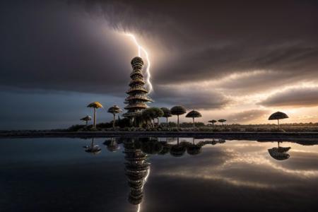 magical fantasy tower, the sky is a dark mirror of the mushrooms of variegated colors forest, a flock of parrots of variegated colors incurs, the sun filters through the surface forming a reflection, high resolution, deep field, high detail, masterpiece, tall mushrooms, thunderstorm in deep background