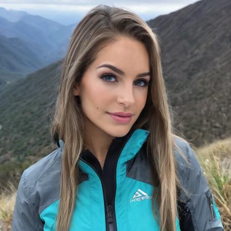 a photo of kimmy granger, ohwx, a woman on a mountain, wearing a jacket, best quality, fine details, detailed skin <lora:kimmygranger_SDXL:0.9>