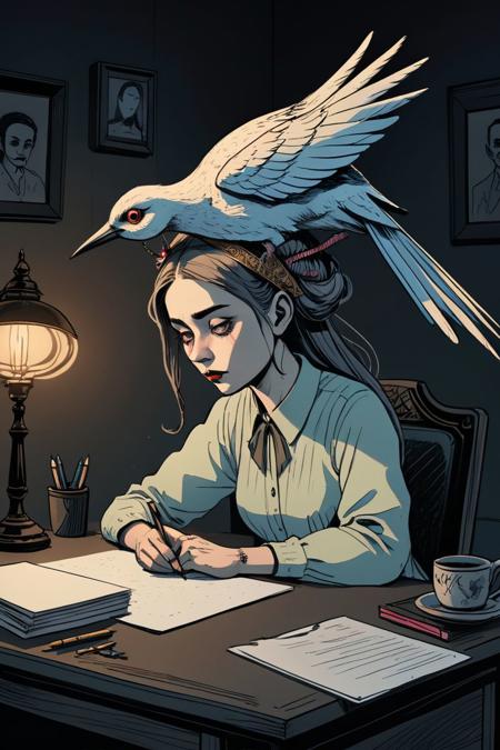 a drawing of a woman sitting at a desk with a bird on her head, creepy, nightmare, intricate details, hyperdetailed, cinematic, dark shot, muted colors, film grainy, soothing tones, muted colors, technicolor