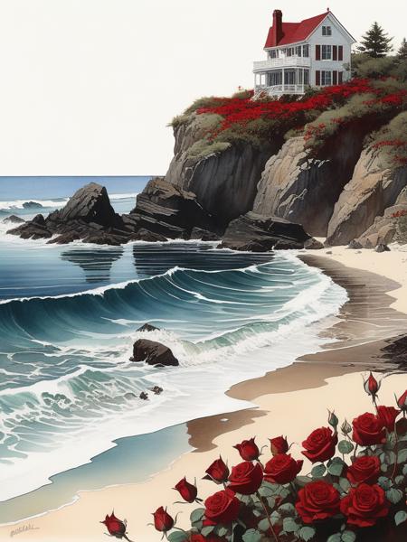 <lora:04Vintageillustration_Hap_XL:1>,Norman Rockwell style,vintage poster, Masterwork Art By Aysha Tengiz, Carne Griffith, serenity sophistication landscape scenery, enigmatic beach,and dark red roses series,ink flow and watercolor wash and wax style, Enchanting art ï¼