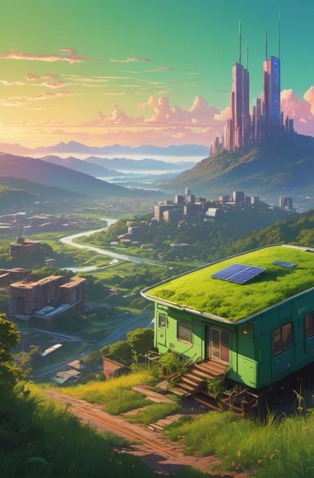a cinematic composition depicting : we're overlooking a cyberpunk civilization in the valley with overgrown buildings, where a solarpunk tribe is peacefully collaborating with their android helpers with their bright green computer screens, octane render, hyperrealistic, at sunrise, by edward hopper jesper ejsing, by rhads, makoto shinkai and lois van baarle, ilya kuvshinov, rossdraws