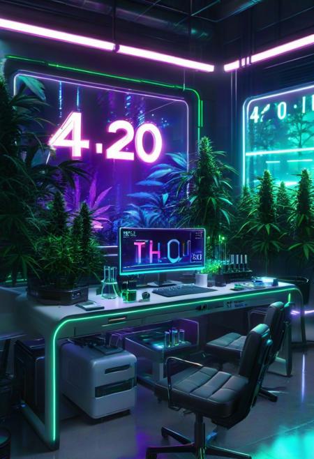 masterpiece,high quality,
420futurism,    <lora:420FuturismXL:0.8>
,lab, no humans, scenery, plant, chair, monitor, indoors, table, computer, tree, window, "420" text,futuristic,cyberpunk.neon light
