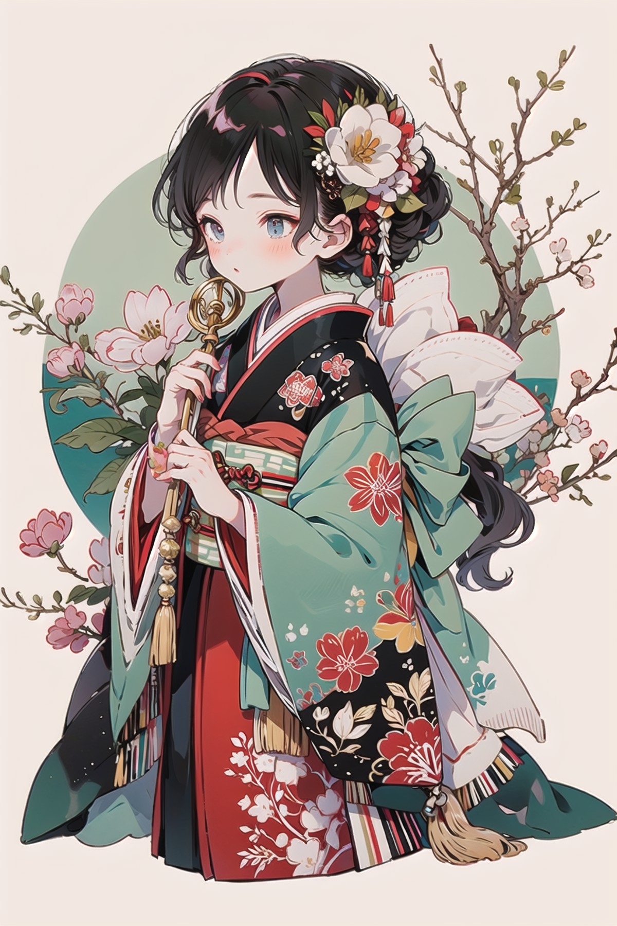 1girl, flower, obi  <lora:styleHanamizake-000005:1>