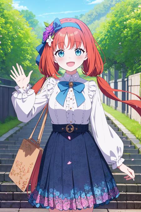 masterpiece, best quality, absurdres, nilou (genshin impact), 1girl, purple flower, skirt, flower, solo, frills, long hair, bangs, long sleeves, red hair, smile, parted bangs, hair flower, petals, looking at viewer, shirt, blue skirt, outdoors, brooch, twintails, hair ornament, white shirt, hairband, nail polish, alternate costume, floral print, bag, aqua eyes, open mouth, :d, blush, frilled sleeves, bow, falling petals, hand up, frilled hairband, blue gemstone, holding, blue bow, puffy long sleeves, very long hair, frilled skirt, frilled shirt, handbag, gem, waving, belt, jewelry, low twintails, bowtie, tree, contemporary, cowboy shot, clothing cutout, day, floating hair, braid, shoulder cutout, puffy sleeves, breasts, blue hairband, blue bowtie, light, green eyes, <lora:nilouGenshinImpact_v10:.8>