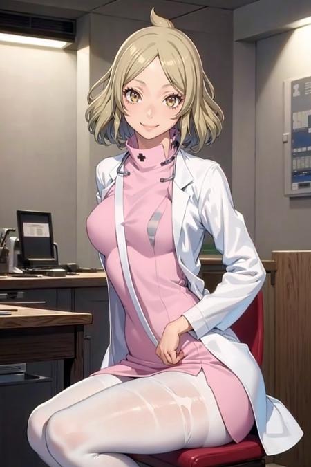 masterpiece, best quality, solo, 1girl, smile, looking at viewer,  <lora:Otome_Fp:1>, otomedesu2, nurse, labcoat, pantyhose, large breasts, laboratory, sitting, indoors,