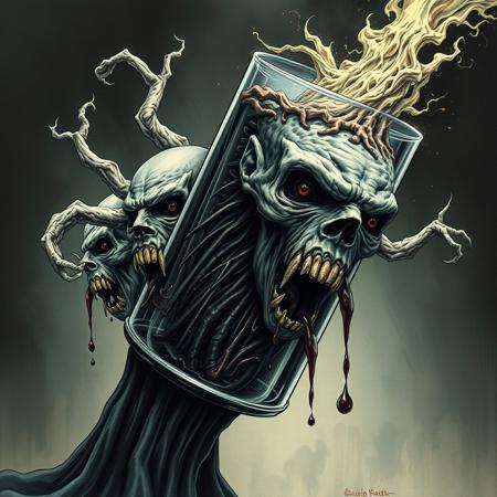 Sludgecore doom metal art featuring a glass full of evil spirits with faces twisted in pure agony flowing out of the bottleneck, artstation, demonic, satanic, occult art, splash art, goth, amazing, demonic, giger, realism, realistic, stoner doom