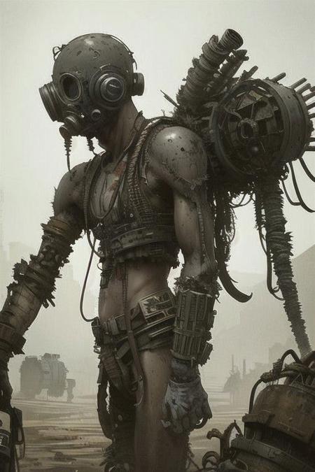 Midjourney aesthetics, 2d artwork, <lora:Scavengers:0.5>, upper body, a man on  watelands,  dreadlocks, gas mask, mech, dust, post apocalytic aesthetics, rusted heavy machinery on the background,  artistic approach,