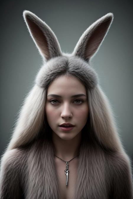 (masterpiece, best quality, stunning, highly detailed, close-up view of a rabbit-sheep hybrid creature, (intricate furs, detailed wool, luxury rabbit ears, detailed silver horns, majestic horns, silver rabbit incisors, soft hair  ), dramatic lighting, HDR, (mythical, fantasy), oil painting), legendary creature, trending on artstation