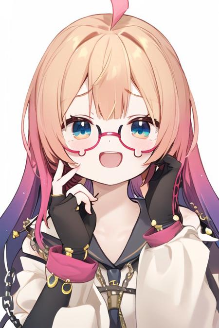 masterpiece, best quality, solo, portrait, ahoge, gradient hair, blue eyes, simple background, teardrop-framed glasses, happy, fingerless gloves, <lora:tearGlassesV3_5-000020:1.0>