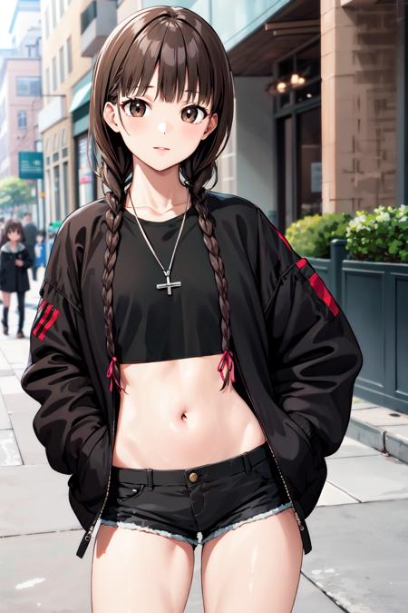 masterpiece, best quality, highres, aayoshino, long hair, twin braids, brown eyes, hair over shoulder, <lora:shimazu_yoshino_v1:0.7>, black jacket, crop top, midriff, short shorts, black shorts, highleg panties, street, hand in pocket,