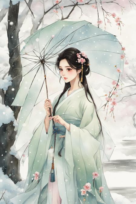 <lora:henv:0.9>,mn,1girl,solo,umbrella,flower,long hair,hair ornament,black hair,snow,hair flower,holding umbrella,holding,braid,tree,floral print,oil-paper umbrella,outdoors,looking at viewer,winter,snowing,white flower,long sleeves,facial mark,wide sleeves,standing,tassel,makeup,sash,forehead mark,bare tree,chinese clothes,closed mouth,blush,