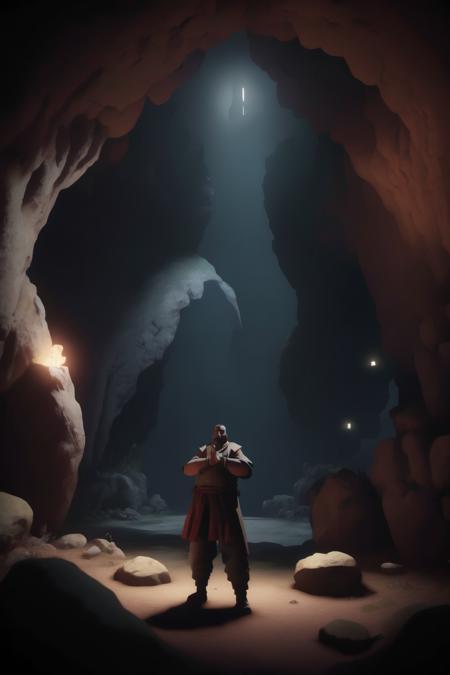 <lora:Moving Meditations:1>Moving Meditations - a video game scene with a man standing in a cave