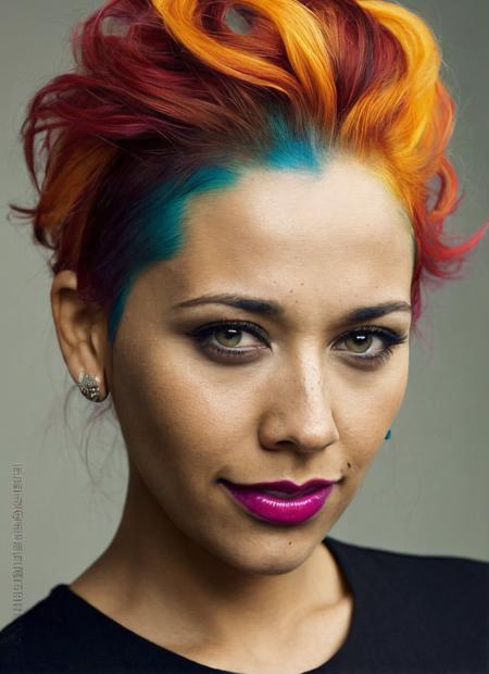 portrait of sks woman by Flora Borsi, style by Flora Borsi, bold, bright colours, rainbow Mohawk haircut, ((Flora Borsi)), <lora:locon_rashida_v1_from_v1_64_32:1.3>