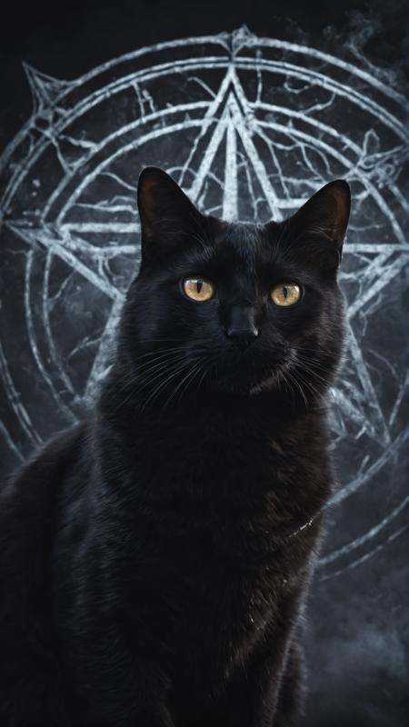 (ultra realistic, 32k, masterpiece:1.2), (high detailed:1.1), (high quality:1.1), Black Cat, Misty Glowing Dark Background, Glowing Pentagram Background