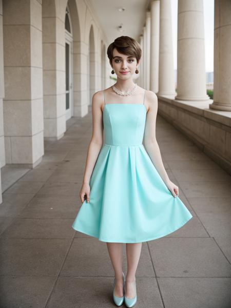 21 year old man, pixie cut, make up,  wearing a gala skater dress, offshoulders, legs,  high heels, flat chest, make up, solo. larger earing hoops. At a wedding party, complex background