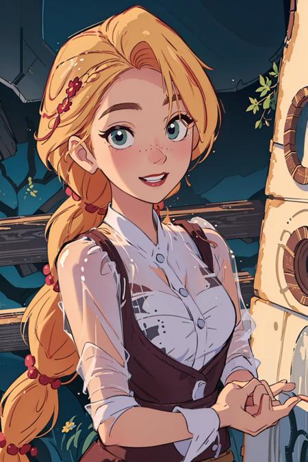 (masterpiece, best quality, high resolution:1.4), rapunzel, (long braid:1.3), looking at viewer, adventure outfit, smile, outdoors, <lora:Rapunzel_v22:1> dungeon,