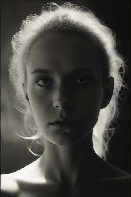 High-key beauty portrait, flawless skin bathed in dramatic shadows, dark & textured background, film grain, edgy pose & expression
