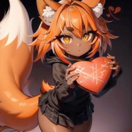 masterpiece, highres, detailed face,  1girl, fox ears and (animal ear fluff), (dark skin:1.1), wolf tail, solo, orange hair,  eyelashes, thick eyebrows, thick eyelashes, (heart-shaped pupils:1.1), short hair, pleated skirt, sweater,  <lora:ffyy:0.9> ( ffyy:1.1)