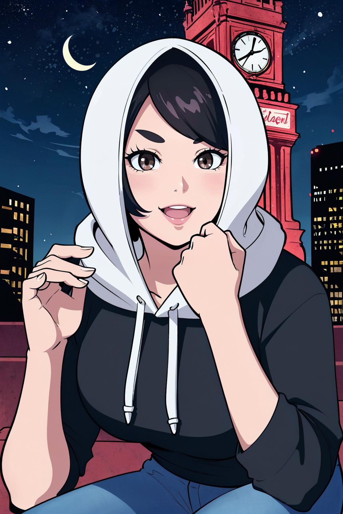 A cartoon image of a girl wearing a white hoodie with a black shirt underneath, and she's smiling with her mouth open. She has a pair of black hair and is standing in front of a cityscape.