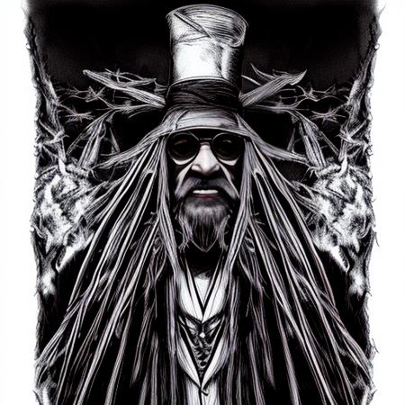 a duotone portrait of an old voodoo witch doctor old-fashioned suit, afroamerican skin, long beard, illustration, art by trInkdBer