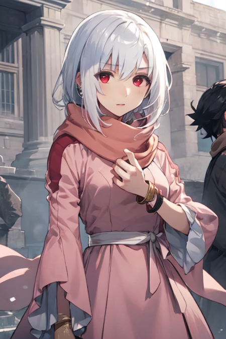 ZirconiaTakarakuji, 1girl, solo, red eyes, long sleeves, dress, jewelry, white hair, scarf, bracelet, pink dress, 