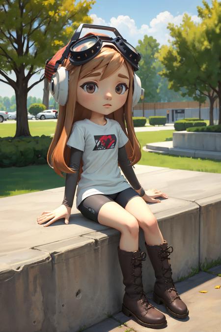 masterpiece, best quality, meggy, headphones, goggles on head, white shirt, layered sleeves, spandex shorts, brown boots, sitting, park, tree, from above, looking at viewer, confused <lora:meggy-nvwls-v2-000010:0.8>