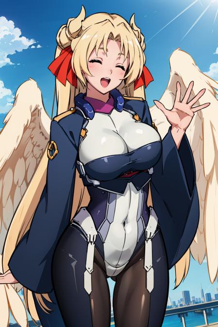 masterpiece, best quality, margot knight, hair ribbon, yellow wings, bodysuit, wide sleeves, pantyhose, looking at viewer, large breasts, smile, happy, waving, sky, open mouth, outdoors, blue sky, cityscape, wide shot, closed eyes <lora:margotknight-nvwls-v1-000009:0.9>