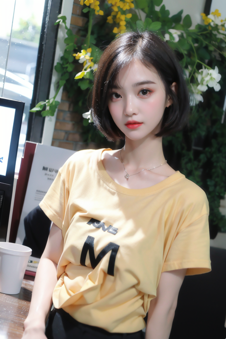 ((masterpiece)), (best quality), photorealistic, best quality, 1 girl, shirt, short hair, looking at viewer, Face details:1.4, yellow t-shirt, subway background:1.4, upper body <lora:Yubin-01:1>