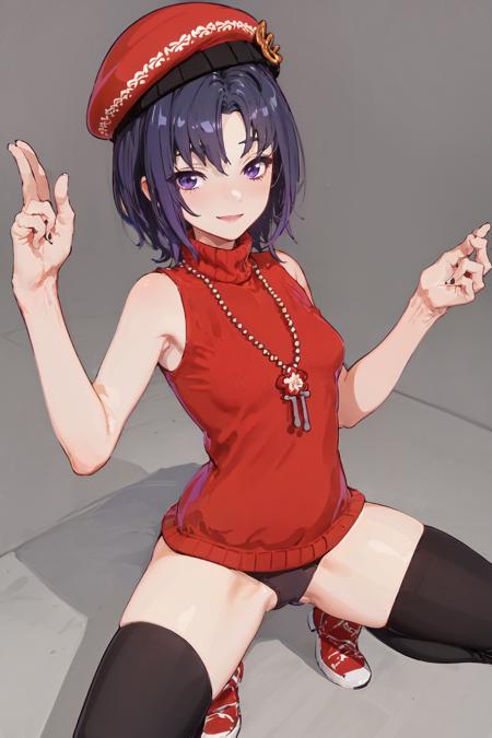 (masterpiece:1.2), best quality, original, extremely detailed wallpaper,hat.red sleeveless sweater,thighhighs,<lora:CarolSW:0.7>, 1girl, purple hair, violet eyes, , thighhighs, dress, looking at viewer, solo, cowboy shot,  (spread legs:1.2), simple background, nose blush, bare arms, smile,black panties,sex,thighs up,mature female,voluptuous,medium breasts,