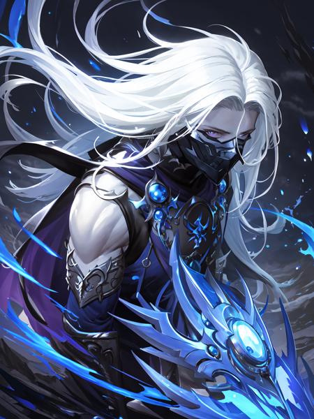 masterpiece,best quality,highres,cinematic lighting,dramatic angle,<lora:ShadowverseRulenyeV3-000045:0.8>  ,1boy,white hair,long hair,blue theme,armor,long robe,muscular,scythe,armor,mask,sad,cowboy shot,holding weapon,sad,looking at viewer,portrait,torn cape,clothing cutout,purple eyes,blue fire,skull,black clouds,gauntlets,gloves,close-up,bare shoulders,painful,bare arms,close-up,pale skin,depth of field,phantom,ghost,close-up,single pauldron