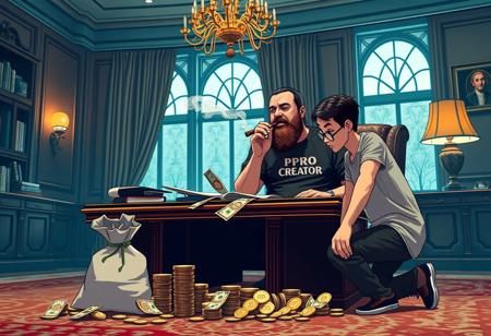 a bearded boos man wearing a t-shirt that says "PRO CREATOR" and smoking a cigar sitting at a big desk in an elegant big office counting lots of bills and coins that say "BUZZ" a slim nerdy guy with glasses wearing a t-shirt that says "ME" kneeling down picking up coins that fall off the desk in a bag