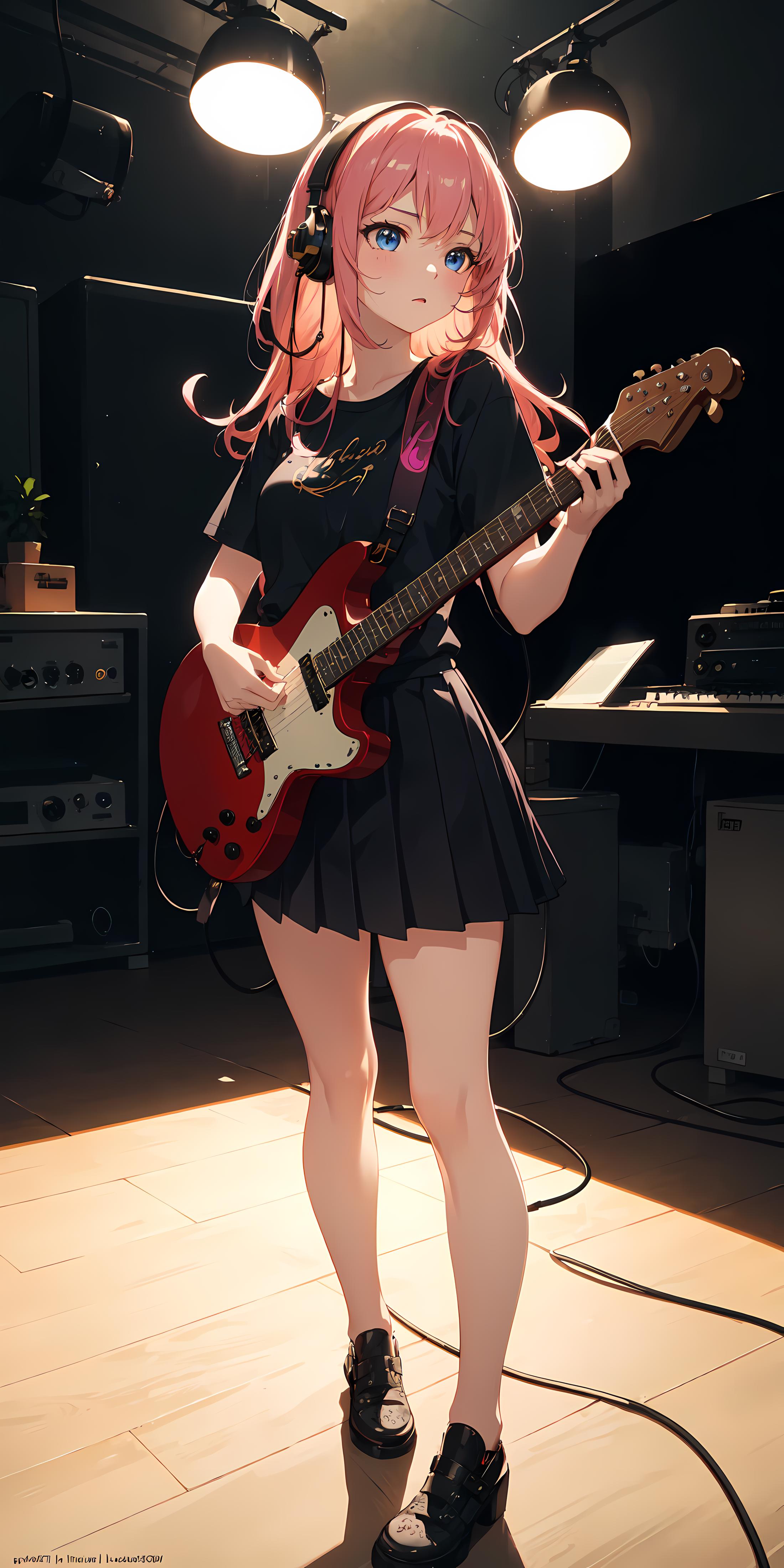 Cartoon Image of a Girl Playing Guitar in a Black and Red Outfit
