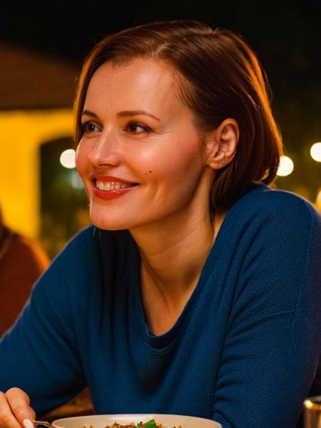 casual photo closeup side view , (gndvs), woman,casual clothing,happy smile , on cozy restaurant dinner table,at night,lovely town ,skin texture, bokeh,deep of field <lora:gndvsSDLXbaseAdafactor16_8:1>,